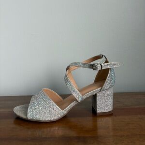 Elegant Silver Glitter Block Heel Sandals